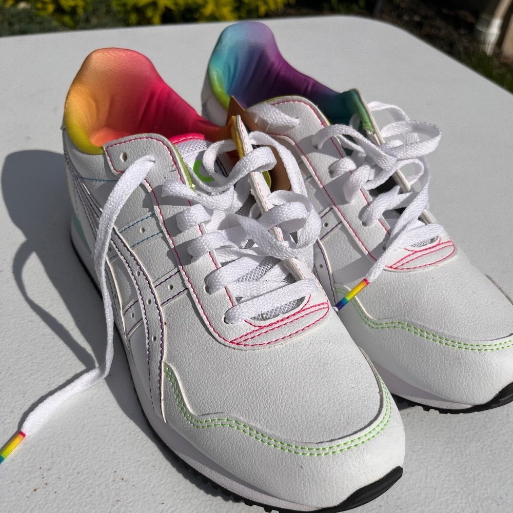 Brand new ASICS white rainbow thread shoes
